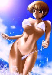 Rule 34 | 1girl, bikini, breasts, brown eyes, brown hair, day, covered erect nipples, female pubic hair, large breasts, pubic hair, short hair, side-tie bikini bottom, solo, swimsuit, undressing, water