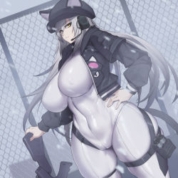 Rule 34 | 1girl, abs, absurdres, animal ears, animal print, arknights, black hat, black jacket, bodysuit, bow (weapon), breasts, buckle, cabbie hat, cat ears, cat girl, cat print, cat tail, closed mouth, covered erect nipples, covered navel, cropped jacket, crossbow, earpiece, fei er, female focus, fence, flashbang, grey sky, hand on own hip, harness, hat, highres, holding, holding weapon, holster, jacket, large breasts, legs apart, linea alba, lips, long hair, long sleeves, looking at viewer, nipples, official alternate costume, open clothes, open jacket, outdoors, puffy sleeves, schwarz (arknights), schwarz (skyline) (arknights), shiny clothes, sidelocks, silver hair, skin tight, skindentation, sky, slit pupils, snap-fit buckle, snow, snowing, solo, standing, stomach, strap, tactical clothes, tail, taut bodysuit, thick thighs, thigh holster, thigh strap, thighs, tight clothes, toned, weapon, white bodysuit, wide hips, yellow eyes