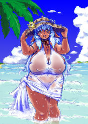Rule 34 | 1girl, bare shoulders, beach, blue hair, bracelet, breasts, choker, covered erect nipples, curvy, dress, female focus, gigantic breasts, groin, hat, jewelry, large areolae, long hair, nipples, ocean, open mouth, orange eyes, outdoors, see-through, solo, standing, summer, sundress, tatara, thighs, water, wavy hair, wet, wide hips