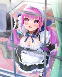 Rule 34 | 1girl, absurdres, ahoge, apron, black collar, black footwear, black sleeves, blue bow, blue hair, blue nails, blush, bow, breasts, chino0803, cleaning, cleaning windows, cleavage, collar, commentary, detached collar, detached sleeves, hair bow, hair ornament, highres, hololive, large breasts, long hair, looking at viewer, maid, maid apron, maid headdress, minato aqua, multicolored hair, nail polish, open mouth, pink hair, purple eyes, shoes, streaked hair, twintails, virtual youtuber, white apron, white headwear, window