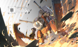 Rule 34 | 1girl, animal ears helmet, arknights, axe, character name, dutch angle, facing viewer, fire, gloves, mecha, motion blur, observerz, robot, shaw (arknights), shield, solo