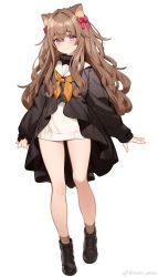Rule 34 | 1girl, animal ears, arms at sides, blouse, bow, brown footwear, brown hair, brown socks, closed mouth, commentary request, full body, hair between eyes, hair bow, high collar, high tops, highres, light blush, long hair, looking at viewer, neckerchief, nyum, orange neckerchief, original, pink bow, purple eyes, sailor collar, shirt, shoes, simple background, smile, sneakers, socks, solo, weibo logo, weibo watermark, white background, white sailor collar