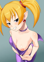 Rule 34 | 1girl, aq interactive, arcana heart, atlus, bare shoulders, blonde hair, blue eyes, blush, bra, bra pull, breast slip, breasts, choker, cleavage, clothes pull, collarbone, examu, fang, highres, lilica felchenerow, lingerie, naughty face, nipples, one breast out, pointy ears, simple background, tomatto (@ma!), twintails, underwear, wings
