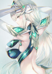 Rule 34 | 1girl, arms behind head, arms up, back, bare shoulders, blonde hair, blush, breasts, cleavage cutout, clothing cutout, dress, earrings, elbow gloves, gloves, highres, inoue takuya (tactactak), jewelry, large breasts, long hair, looking at viewer, looking back, mythra (xenoblade), sidelocks, solo, swept bangs, tiara, white dress, white gloves, xenoblade chronicles (series), xenoblade chronicles 2, yellow eyes
