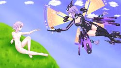 Rule 34 | 2girls, barefoot, blue eyes, braid, breasts, closed mouth, d-pad, d-pad hair ornament, dual persona, feet, flat chest, hair ornament, headgear, long hair, matching hair/eyes, multiple girls, neptune (neptunia), neptune (series), nipples, nude, open mouth, outdoors, power symbol-shaped pupils, purple eyes, purple hair, purple heart (neptunia), short hair, simple background, small breasts, symbol-shaped pupils, toes, twin braids, wings
