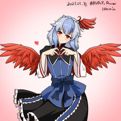 Rule 34 | 1girl, bird wings, black capelet, black skirt, capelet, closed mouth, commentary, dated, frilled skirt, frills, gradient background, grey hair, head wings, heart, heart hands, highres, horns, ldschem16, long sleeves, multicolored hair, one-hour drawing challenge, pink background, purple hair, red eyes, red wings, short hair, single head wing, skirt, smile, solo, tokiko (touhou), touhou, twitter username, two-tone hair, wings