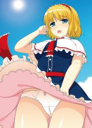 Rule 34 | 1girl, alice margatroid, ascot, blonde hair, blue dress, blue eyes, blush, bow, bow panties, breasts, capelet, cowboy shot, cpu (hexivision), dress, from below, gluteal fold, hairband, large breasts, lolita hairband, looking at viewer, one-hour drawing challenge, open mouth, panties, pantyshot, sash, short hair, solo, standing, sunlight, touhou, underwear, white panties, wind, wind lift