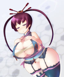 Rule 34 | 1girl, ar tonelico, bare shoulders, belt bra, breast suppress, breasts, cleavage, curvy, dutch angle, female focus, finnel (ar tonelico), garter belt, hair ornament, half-closed eyes, highres, huge breasts, jitome, lingerie, long hair, oukadan, panties, purple eyes, purple hair, solo, squinting, standing, thick thighs, thighhighs, thighs, underwear, wide hips