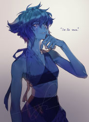 Rule 34 | 1girl, bare arms, bare shoulders, bikini, bikini skirt, blue bikini, blue eyes, blue hair, blue skin, blue theme, breasts, bright pupils, colored skin, contrapposto, cowboy shot, crying, crying with eyes open, english text, grey background, halterneck, hand up, highres, lapis lazuli (steven universe), midriff, navel, pigeon666, short hair, simple background, small breasts, smile, solo, standing, steven universe, swimsuit, tears, toned, white pupils