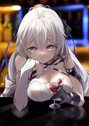 Rule 34 | 1girl, absurdres, artist request, black ribbon, breasts, bright pupils, bronya zaychik, bronya zaychik (silverwing: n-ex), cleavage, commentary request, crossed bangs, cup, drinking glass, elbows on table, food, fruit, grey eyes, grey hair, hair ribbon, hand on own cheek, hand on own face, highres, honkai (series), honkai impact 3rd, large breasts, looking at viewer, ribbon, smile, strawberry, wine glass