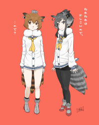 Rule 34 | 10s, 2girls, anchor, ankle boots, arms at sides, bare legs, bird tail, black eyes, black hair, black hairband, black legwear, boots, brown eyes, brown hair, buttons, closed mouth, commentary request, cosplay, dress, eurasian eagle owl (kemono friends), expressionless, full body, fur collar, gradient hair, grey footwear, grey hair, hair between eyes, hairband, hat, head tilt, head wings, headgear, high heels, highres, kantai collection, kemono friends, long sleeves, looking at viewer, looking to the side, minazuki tsuyuha, multicolored hair, multiple girls, neckerchief, northern white-faced owl (kemono friends), outstretched hand, pantyhose, red background, red footwear, sailor collar, sailor dress, shoes, short hair, short hair with long locks, sidelocks, signature, simple background, smile, standing, tail, tokitsukaze (kancolle), tokitsukaze (kancolle) (cosplay), translated, wings, yellow neckerchief, yukikaze (kancolle), yukikaze (kancolle) (cosplay)