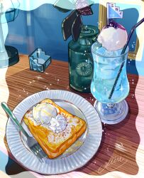 Rule 34 | blue hawaii, bottle, desk lamp, drink, drinking straw, food, food focus, fork, french toast, highres, ice, ice cream, ice cream float, ice cube, lamp, miri illust, no humans, original, plate, table, whipped cream, wooden table