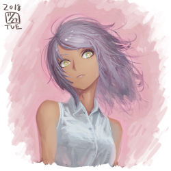 Rule 34 | 1girl, collared shirt, dated, eyelashes, green eyes, grey hair, grey shirt, head tilt, highres, ikeda (cpt), looking at viewer, medium hair, original, parted lips, pink background, shirt, sleeveless, sleeveless shirt, smile, solo, upper body, wide-eyed, wing collar