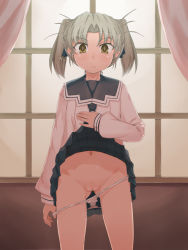 Rule 34 | 1girl, closed mouth, clothes lift, cowboy shot, curtains, daiakuji, female focus, gluteal fold, itou ryuusei, legs apart, lifted by self, long sleeves, looking at viewer, navel, panties, panty pull, pussy, school uniform, shirt, skirt, skirt lift, solo, standing, takega satsu, twintails, uncensored, underwear, uniform, window