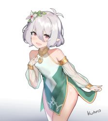 Rule 34 | 1girl, ahoge, bare legs, bare shoulders, breasts, dress, elf, eyebrows hidden by hair, fingerless gloves, flower, gloves, hair between eyes, hair flower, hair ornament, highres, kokkoro (princess connect!), kuhnowushi, legs, looking at viewer, open mouth, pointy ears, princess connect!, short hair, simple background, smile, solo, thighs, white background, white hair, yellow eyes