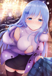 Rule 34 | 1girl, bare shoulders, black skirt, black thighhighs, blue eyes, blue hair, blurry, bokeh, breasts, closed mouth, clothes tug, coat, commentary request, depth of field, duffel coat, earrings, emori miku, frown, hair ornament, hicha nomu, high-waist skirt, highres, jewelry, large breasts, liver city, long hair, looking at viewer, miniskirt, off shoulder, open clothes, open coat, pencil skirt, plaid, plaid scarf, purple coat, ribbed sweater, scarf, skirt, sleeveless, sleeveless turtleneck, snowing, solo, sparkle, sweater, thighhighs, turtleneck, very long hair, white sweater, zettai ryouiki