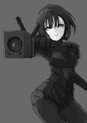 Rule 34 | 1girl, arm cannon, black hair, blame!, breasts, closed mouth, cyborg, graviton beam emitter, greyscale, highres, looking at viewer, malcolm x (artist), monochrome, pale skin, sanakan, short hair, simple background, solo, weapon