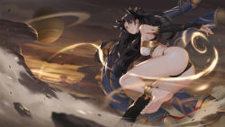 Rule 34 | 1girl, ass, bare shoulders, barefoot, black gloves, black hair, black panties, black ribbon, black thighhighs, breasts, bridal gauntlets, crown, earrings, elbow gloves, fate/grand order, fate (series), from behind, gloves, grin, hair ribbon, heavenly boat maanna, highres, ishtar (fate), jewelry, karasu kame ex, long hair, looking at viewer, looking back, medium breasts, outdoors, panties, red eyes, ribbon, saturn (planet), single thighhigh, smile, solo, thighhighs, thighs, toeless legwear, two side up, underwear