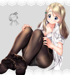 Rule 34 | 10s, 1girl, ayase alisa, blue eyes, blush, border, bow, bow bra, bra, breasts, brown hair, brown pantyhose, chibi, closed mouth, collarbone, collared shirt, commentary request, dutch angle, faceless, faceless female, feet, fine fabric emphasis, fingernails, grey background, hair between eyes, hand on own knee, highres, lace, lace border, long hair, love live!, love live! school idol project, mad (hazukiken), no shoes, nose blush, open clothes, open shirt, ornate border, panties, panties under pantyhose, pantyhose, shirt, short sleeves, sitting, small breasts, smile, soles, solo focus, thighband pantyhose, toes, underwear, white bra, white panties, white shirt
