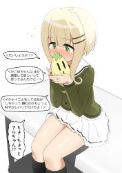 Rule 34 | black socks, blazer, blonde hair, blunt bangs, blush, bob cut, buttons, covering own mouth, feet out of frame, from above, green eyes, green jacket, hair ornament, hairclip, harukata konohana school uniform, highres, holding, holding stuffed toy, inverted bob, jacket, jewelry, kneehighs, long sleeves, looking down, magia record: mahou shoujo madoka magica gaiden, mahou shoujo madoka magica, miniskirt, pleated skirt, ring, rushou kei, sailor collar, sailor jacket, satori kagome, school uniform, short hair, sidelocks, simple background, sitting, sitting on table, skirt, socks, stuffed toy, white background, white sailor collar, white skirt