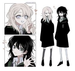 Rule 34 | 2girls, :d, albus severus potter, arm behind back, black coat, black dress, black hair, black sweater, blue eyes, character name, coat, collared shirt, dress, eye contact, genderswap, genderswap (mtf), green eyes, green necktie, grey hair, grey thighhighs, hand up, harry potter (series), harry potter and the cursed child, heart, highres, hogwarts school uniform, kuimovi, loafers, long hair, long sleeves, looking at another, looking at viewer, medium hair, multiple girls, multiple views, musical note, necktie, open mouth, pantyhose, school uniform, scorpius malfoy, shirt, shoes, simple background, slytherin, smile, sparkle, standing, star (symbol), star in eye, striped necktie, sweater, symbol in eye, thighhighs, v, waving, white background, white pantyhose, white shirt, wizarding world
