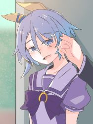 Rule 34 | 1boy, 1girl, :d, animal ears, blue eyes, blue hair, blush, bow, commentary request, hair between eyes, horse ears, k.s.miracle (umamusume), long sleeves, maru (hachi 47923), open mouth, out of frame, puffy short sleeves, puffy sleeves, purple bow, purple shirt, school uniform, shirt, short sleeves, smile, tracen school uniform, trainer (umamusume), umamusume, upper body