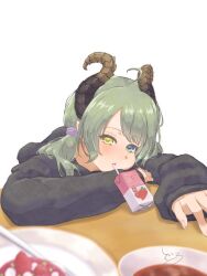 Rule 34 | 1girl, ahoge, black hoodie, blurry, blurry foreground, blush, brown horns, commentary request, curled horns, curry, food, fork, fruit, green hair, heterochromia, highres, hood, hood down, hoodie, horns, juice box, long sleeves, looking at viewer, low twintails, medium bangs, medium hair, nanashi inc., open mouth, pink nails, plate, sekishiro mico, simple background, solo, strawberry, table, transparent background, twintails, upper body, virtual youtuber, yellow eyes, yunagi teguru