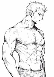 Rule 34 | 1boy, abs, commentary request, greyscale, highres, looking away, looking to the side, male focus, monochrome, navel, nipples, one piece, pectorals, roronoa zoro, scar, scar on chest, topless male, sketch, solo, sorase (srsrs 000), sweat, toned, toned male, upper body, veins