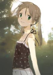 Rule 34 | 00s, 1girl, bad id, bad pixiv id, blurry, camisole, casual, depth of field, face, flat chest, from side, green eyes, kiikanna, maka albarn, nature, outdoors, smile, solo, soul eater, twintails