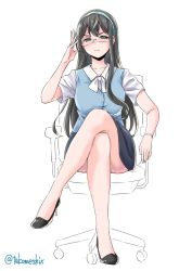Rule 34 | 1girl, adjusting eyewear, alternate costume, black hair, black skirt, blue eyes, blue hairband, blue vest, chair, commentary request, dress shirt, full body, hairband, highres, kantai collection, crossed legs, long hair, office lady, ooyodo (kancolle), pencil skirt, shirt, simple background, sitting, skirt, solo, takomeshi, twintails, vest, white background, white shirt