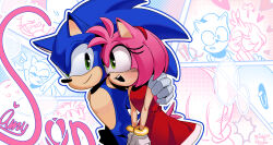 Rule 34 | 1boy, 1girl, amy rose, animal ears, animal nose, artist name, blush, body fur, cat ears, closed eyes, closed mouth, commentary request, furry, furry female, furry male, gloves, green eyes, happy, heart, hetero, highres, korean commentary, looking at another, open mouth, pink hair, short hair, simple background, smile, sonic (series), sonic the hedgehog, standing, upper body, weilg77, white gloves
