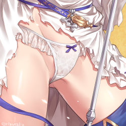 Rule 34 | 1girl, bow, bow panties, close-up, dress, gluteal fold, granblue fantasy, head out of frame, jeanne d&#039;arc (granblue fantasy), lower body, panties, purple ribbon, ribbon, simple background, solo, thighs, torimaru, torn clothes, torn dress, twitter username, underwear, view between legs, white panties