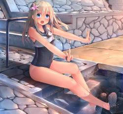 Rule 34 | 10s, 1girl, :d, bad id, bad pixiv id, bare legs, bare shoulders, blonde hair, blue eyes, bracelet, crop top, double v, female focus, highres, jewelry, kantai collection, kumashou (nabeyama kaidou), long hair, looking at viewer, neckerchief, open mouth, ro-500 (kancolle), sailor collar, school swimsuit, sitting, slippers, smile, soaking feet, solo, swimsuit, swimsuit under clothes, tan, tanline, v, water