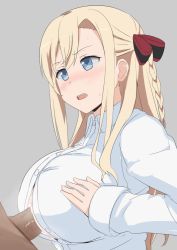 Rule 34 | 10s, 1boy, 1girl, blonde hair, blue eyes, bow, braid, breasts, clothed female nude male, cum, dress shirt, ejaculation, hair bow, hetero, high school fleet, large breasts, long hair, nao (ritsancrossover), nude, open mouth, paizuri, paizuri under clothes, penis, perpendicular paizuri, shirt, simple background, teeth, uncensored, upper body, wilhelmina braunschweig ingenohl friedeburg