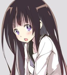 Rule 34 | 1girl, black sailor collar, blush, bright pupils, brown hair, chitanda eru, commentary request, grey background, hyouka, ixy, kamiyama high school uniform (hyouka), long hair, looking at viewer, open mouth, purple eyes, sailor collar, school uniform, shirt, simple background, solo, upper body, white pupils, white shirt