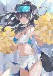 Rule 34 | 1girl, @ @, animal ears, armpits, bare shoulders, black hair, blue archive, blue eyes, blush, breasts, cheerleader, cleavage, cowboy shot, crop top, dema hmw, dog ears, dog girl, dog tail, eyewear on head, goggles, goggles on head, halo, hibiki (blue archive), hibiki (cheer squad) (blue archive), highres, holding, holding pom poms, long hair, looking at viewer, medium breasts, midriff, millennium cheerleader outfit (blue archive), miniskirt, navel, panties, pleated skirt, pom pom (cheerleading), pom poms, ponytail, side-tie panties, skirt, sleeveless, solo, sticker on face, tail, underwear, wet, white skirt
