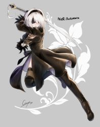 Rule 34 | 1girl, black dress, black gloves, black thighhighs, blindfold, boots, breasts, cleavage, cleavage cutout, clothing cutout, copyright name, dress, full body, gloves, hairband, jumping, katana, kure~pu, nier (series), nier:automata, short hair, side slit, silver hair, small breasts, solo, sword, thigh boots, thighhighs, two-sided fabric, two-sided skirt, weapon, 2b (nier:automata)