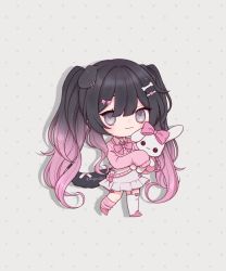 Rule 34 | 1girl, :3, absurdres, animal ears, asymmetrical legwear, black hair, blush, bow, bowtie, chibi, dog ears, dog tail, dress, earrings, full body, gradient hair, grey dress, grey eyes, hair ornament, hairclip, highres, holding, holding stuffed toy, jewelry, looking at viewer, mismatched legwear, mugen0017, multicolored hair, original, pink bow, pink bowtie, pink footwear, pink hair, pink sweater, pink thighhighs, shoes, short dress, single thighhigh, smile, solo, standing, standing on one leg, stuffed animal, stuffed rabbit, stuffed toy, sweater, tail, thighhighs, two-tone hair, white thighhighs