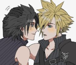 Rule 34 | 2boys, age difference, armor, black hair, blonde hair, blue eyes, blush, cloud strife, commentary, crisis core final fantasy vii, earrings, final fantasy, final fantasy vii, final fantasy vii advent children, grey background, hand on another&#039;s head, happy, headpat, high collar, imminent kiss, in-franchise crossover, jewelry, looking at another, male focus, mtr dayoo, multiple boys, muscular, muscular male, open mouth, pauldrons, short hair, shoulder armor, shoulder strap, simple background, sleeveless, sleeveless turtleneck, smile, spiked hair, stud earrings, turtleneck, upper body, yaoi, zack fair