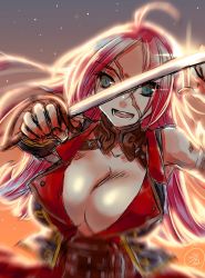 Rule 34 | 10s, 1girl, ahoge, blue eyes, breasts, choker, cleavage, coat, fate/extra, fate (series), francis drake (fate), long hair, open mouth, pink hair, scar, sword, weapon