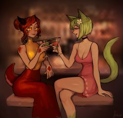Rule 34 | absurdres, animal ears, arm support, black choker, blurry, blurry background, borrowed character, breasts, cece (cece vr), choker, cleavage, closed mouth, commission, cup, dragon girl, dragon horns, dragon tail, dress, drink, closed eyes, flower, hair flower, hair ornament, highres, holding, holding cup, horns, large breasts, matilda fiship, o-ring, open mouth, orange eyes, original, pink dress, pointy ears, scales, short hair, sitting, sleeveless, sleeveless dress, slit pupils, tail, vrchat, white flower