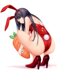 Rule 34 | 1girl, animal ears, bare legs, black eyes, black hair, carrot, coffee-kizoku, commentary request, fake animal ears, from behind, full body, high heels, highres, leotard, long hair, looking at viewer, looking back, original, playboy bunny, rabbit ears, rabbit girl, rabbit tail, red footwear, red leotard, shiramine rika, simple background, solo, squatting, strapless, strapless leotard, tail, white background, wrist cuffs