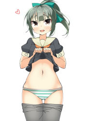 Rule 34 | 10s, 1girl, :d, bad id, bad pixiv id, blush, bow, clothes lift, clothes pull, cowboy shot, gluteal fold, green hair, hair bow, heart, kankitsunabe (citrus), kantai collection, lifted by self, looking at viewer, navel, no pants, open mouth, panties, pantyhose, pantyhose pull, ponytail, sailor collar, shirt lift, smile, solo, striped clothes, striped panties, thigh gap, underwear, white background, yuubari (kancolle)