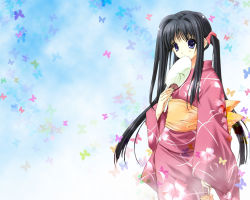 Rule 34 | aikagi, bag, black hair, blue eyes, bug, butterfly, covering face, covering own mouth, covering privates, hand fan, hazuki chika, insect, japanese clothes, kimono, long hair, paper fan, ribbon, solo, suzuhira hiro, twintails, uchiwa, wallpaper