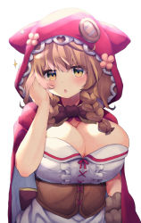 Rule 34 | 1girl, :o, blush, braid, breasts, brown eyes, brown hair, cape, cleavage, commentary request, hand up, highres, large breasts, looking at viewer, nijisanji, red cape, red hood, shiroie mika, short hair, solo, twin braids, virtual youtuber, warabeda meijii