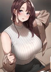 Rule 34 | 1girl, arm behind head, black skirt, blush, booth seating, bra visible through clothes, breasts, brown hair, brown jacket, chopsticks, highres, jacket, large breasts, long sleeves, looking at viewer, mature female, open clothes, open jacket, parted bangs, parted lips, purple eyes, sakura no tomoru hi e, see-through, shirt, shirt tucked in, sitting, skirt, sleeveless, sleeveless shirt, solo, white shirt