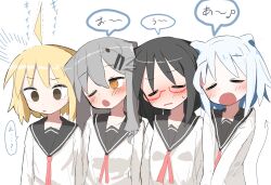 Rule 34 | 4girls, agoshi sakina, ahoge, black hair, black sailor collar, blonde hair, brown eyes, commentary, commentary request, embarrassed, empty eyes, facing viewer, fish hair ornament, furrowed brow, glasses, grey hair, hair horns, hair ornament, hairclip, heads together, highres, lineup, long hair, long sleeves, looking at another, looking down, looking to the side, multiple girls, music, neck ribbon, notice lines, null-meta, open mouth, raised eyebrow, raised eyebrows, red ribbon, ribbon, sailor collar, saku p, school uniform, semi-rimless eyewear, serafuku, shirt, short hair, side-by-side, sidelocks, simple background, singing, souen chiaki, sweatdrop, takada shiyuki, translation request, trembling, uozumi kurumi, upper body, v arms, white background, white hair, white shirt, yellow eyes