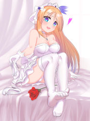Rule 34 | 1girl, :d, absurdres, artist request, blonde hair, blue eyes, breasts, cleavage, fal (girls&#039; frontline), feet, flower, girls&#039; frontline, gloves, heart, heart-shaped pupils, high heels, highres, jewelry, lingerie, long hair, looking at viewer, no shoes, open mouth, panties, pantyshot, pendant, red flower, red rose, rose, shoes, sitting, smile, soles, solo, symbol-shaped pupils, thighhighs, toes, underwear, white background, white footwear, white gloves, white panties, white thighhighs