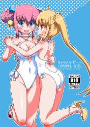 Rule 34 | 2girls, ahoge, blonde hair, blue background, blue eyes, bocchi the rock!, breasts, brown eyes, cameltoe, casual one-piece swimsuit, commentary request, content rating, cosplay, cover, cube hair ornament, double bun, eye contact, feet out of frame, flower, frilled one-piece swimsuit, frills, gotoh hitori, hair bun, hair flower, hair ornament, hairband, highleg, highleg swimsuit, highres, holding hands, ijichi nijika, kantai collection, large breasts, long hair, looking at another, multiple girls, one-piece swimsuit, pink hair, sagiri (kancolle), sagiri (kancolle) (cosplay), side-tie swimsuit, side ponytail, standing, standing on one leg, sukiyo, swimsuit, white one-piece swimsuit, yuri