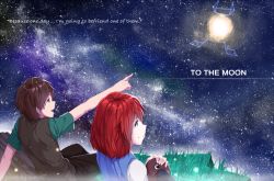 Rule 34 | 1boy, 1girl, artist name, brown eyes, brown hair, cliff, constellation, copyright name, english text, grass, green eyes, hews, johnathan wyles, log, moon, night, night sky, pointing, red hair, river wyles, shirt, short hair, short sleeves, sitting, sky, smile, star (sky), star (symbol), starry sky, stuffed animal, stuffed toy, t-shirt, to the moon